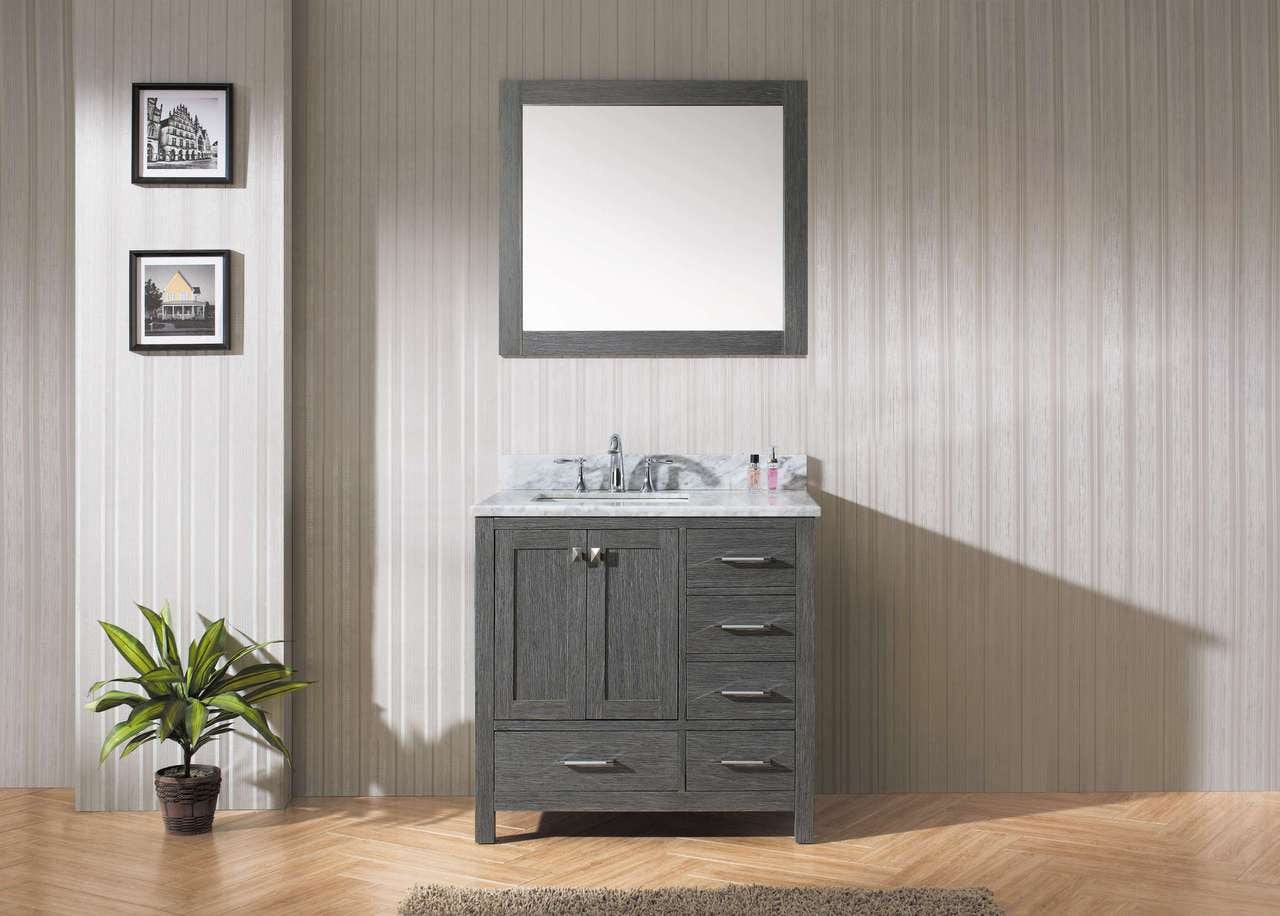Virtu USA Vanities Virtu USA Caroline Premium 36 Single Bathroom Vanity Set in Zebra Grey w/ Italian Carrara White Marble CounterTop | Square Basin , Rightside Drawer