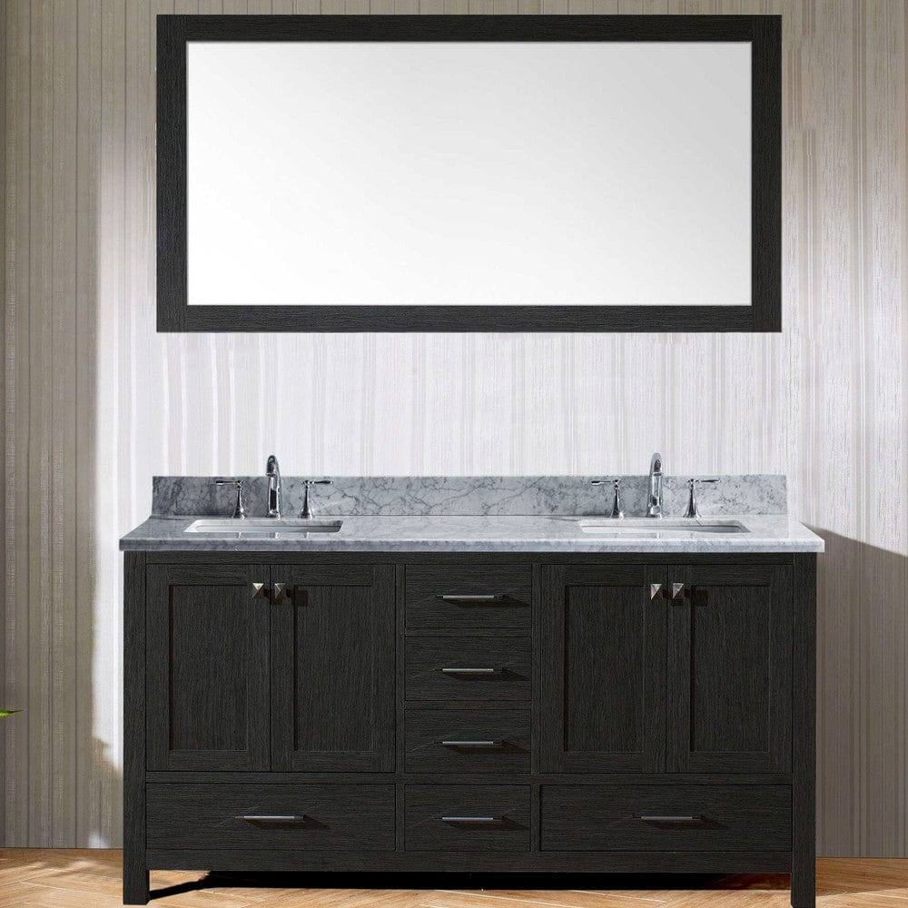 Virtu USA Vanities Virtu USA Caroline Premium 60 Double Bathroom Vanity Set in Zebra Grey w/ Italian Carrara White Marble Counter-Top | Square Basin
