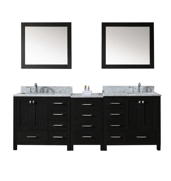 Virtu USA Caroline Premium 90 Double Bathroom Vanity Set in Zebra Grey w/ Italian Carrara White Marble CounterTop | Square Basin