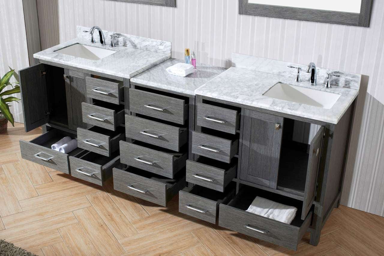 Virtu USA Caroline Premium 90 Double Bathroom Vanity Set in Zebra Grey w/ Italian Carrara White Marble Counter-Top | Square Basin
