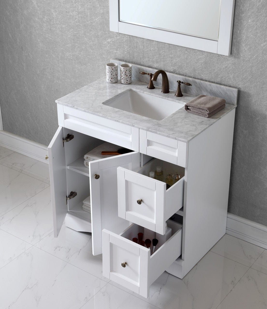Virtu USA Vanities Virtu USA Elise 36 Single Bathroom Vanity Set in White w/ Italian Carrara White Marble Counter-Top | Square Basin