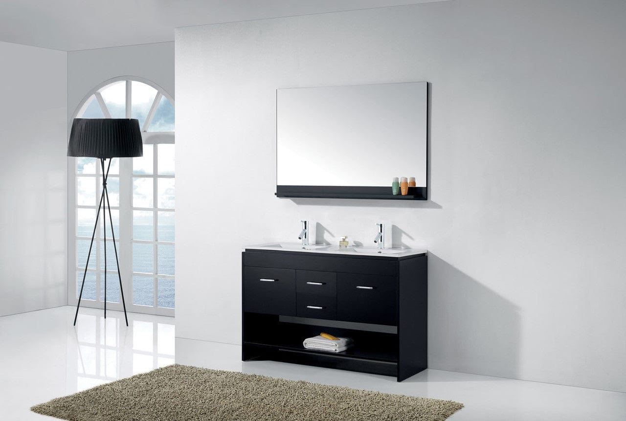 Virtu USA Vanities Virtu USA Gloria 48 Double Bathroom Vanity in Espresso w/ Slim White Ceramic Top & Square Sink w/ Polished Chrome Faucet & Mirror