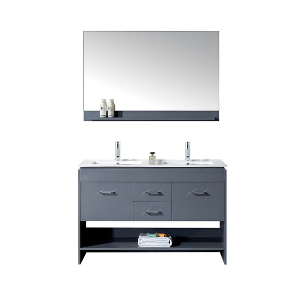 Virtu USA Gloria 48 Double Bathroom Vanity in Grey w/ Slim White Ceramic Top & Square Sink w/ Polished Chrome Faucet & Mirror
