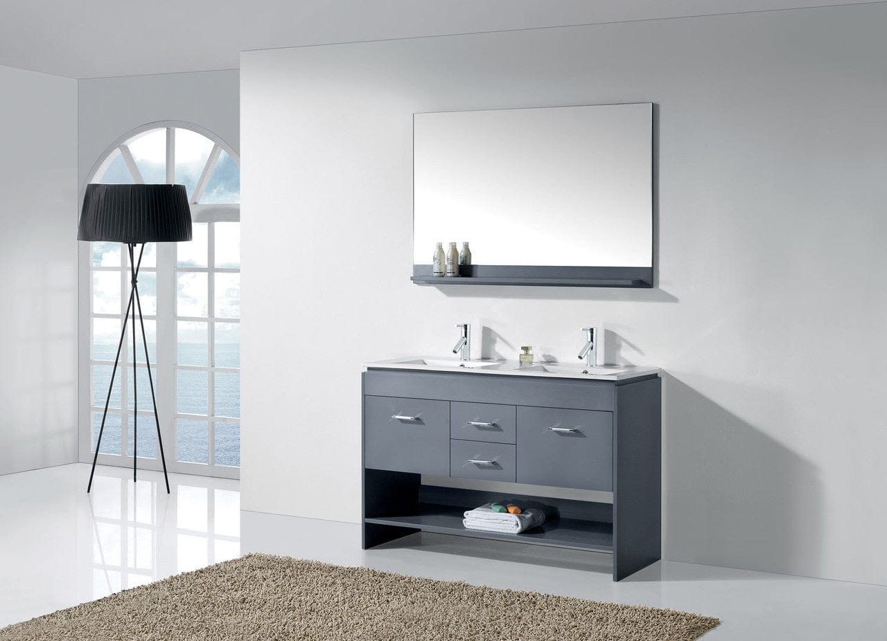 Virtu USA Vanities Virtu USA Gloria 48 Double Bathroom Vanity in Grey w/ Slim White Ceramic Top & Square Sink w/ Polished Chrome Faucet & Mirror