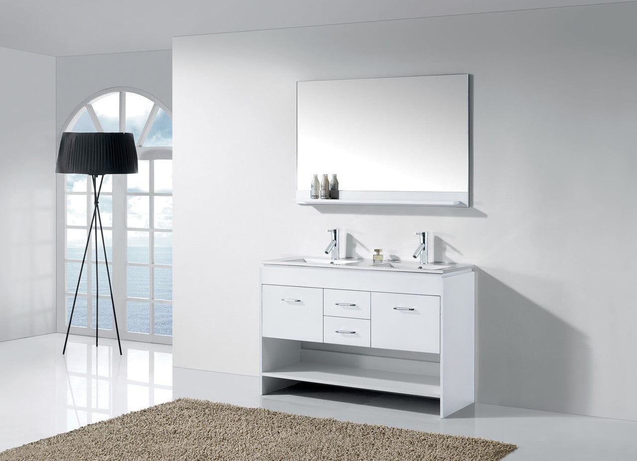 Virtu USA Vanities Virtu USA Gloria 48 Double Bathroom Vanity in White w/ Slim White Ceramic Top & Square Sink w/ Polished Chrome Faucet & Mirror