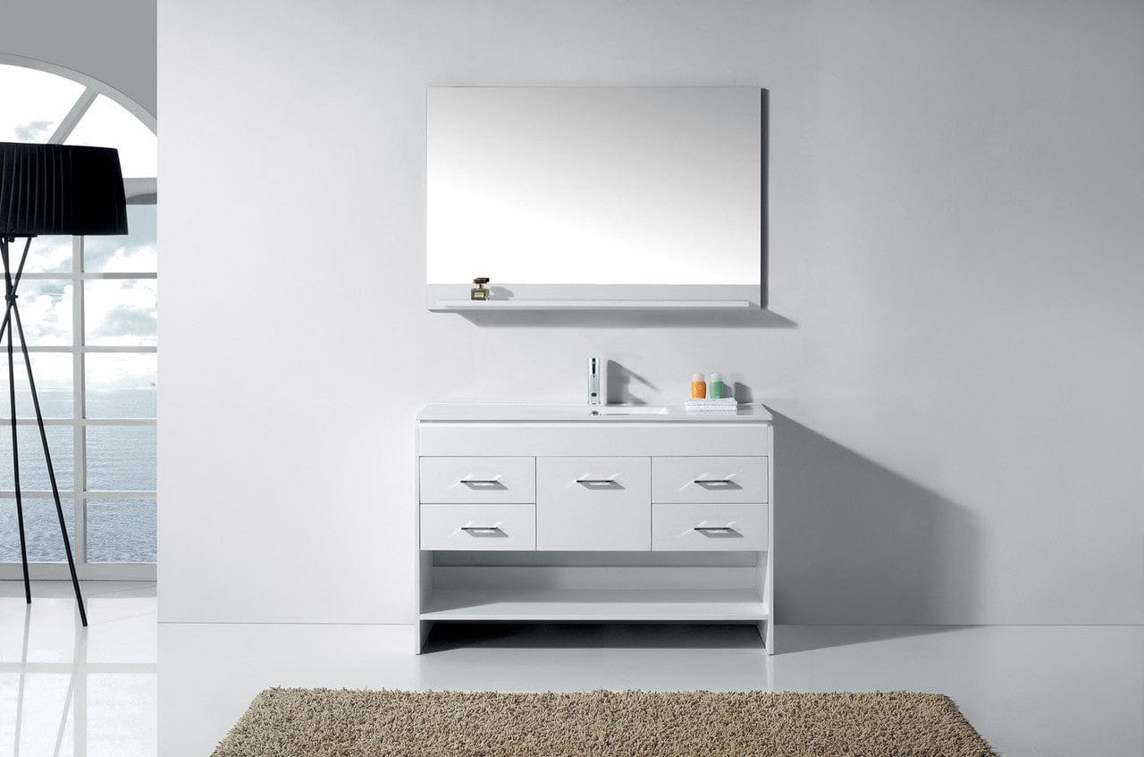 Virtu USA Gloria 48 Single Square Sink White Top Vanity in White w/ Polished Chrome Faucet & Mirror