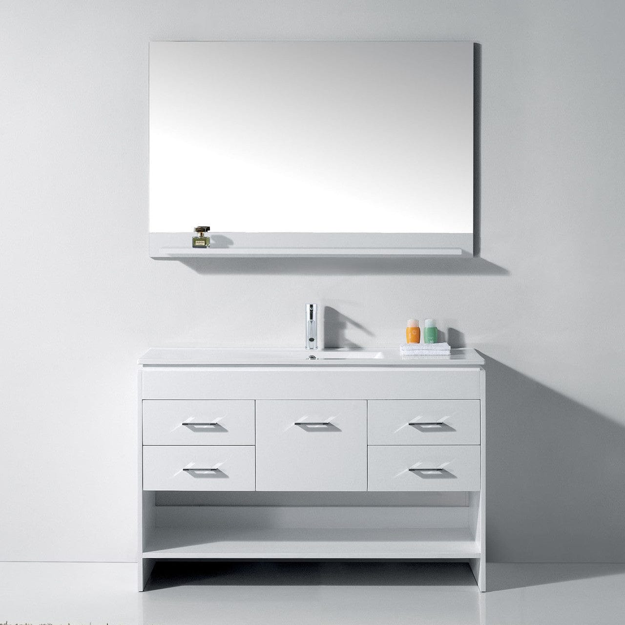 Virtu USA Vanities Virtu USA Gloria 48 Single Square Sink White Top Vanity in White w/ Polished Chrome Faucet & Mirror