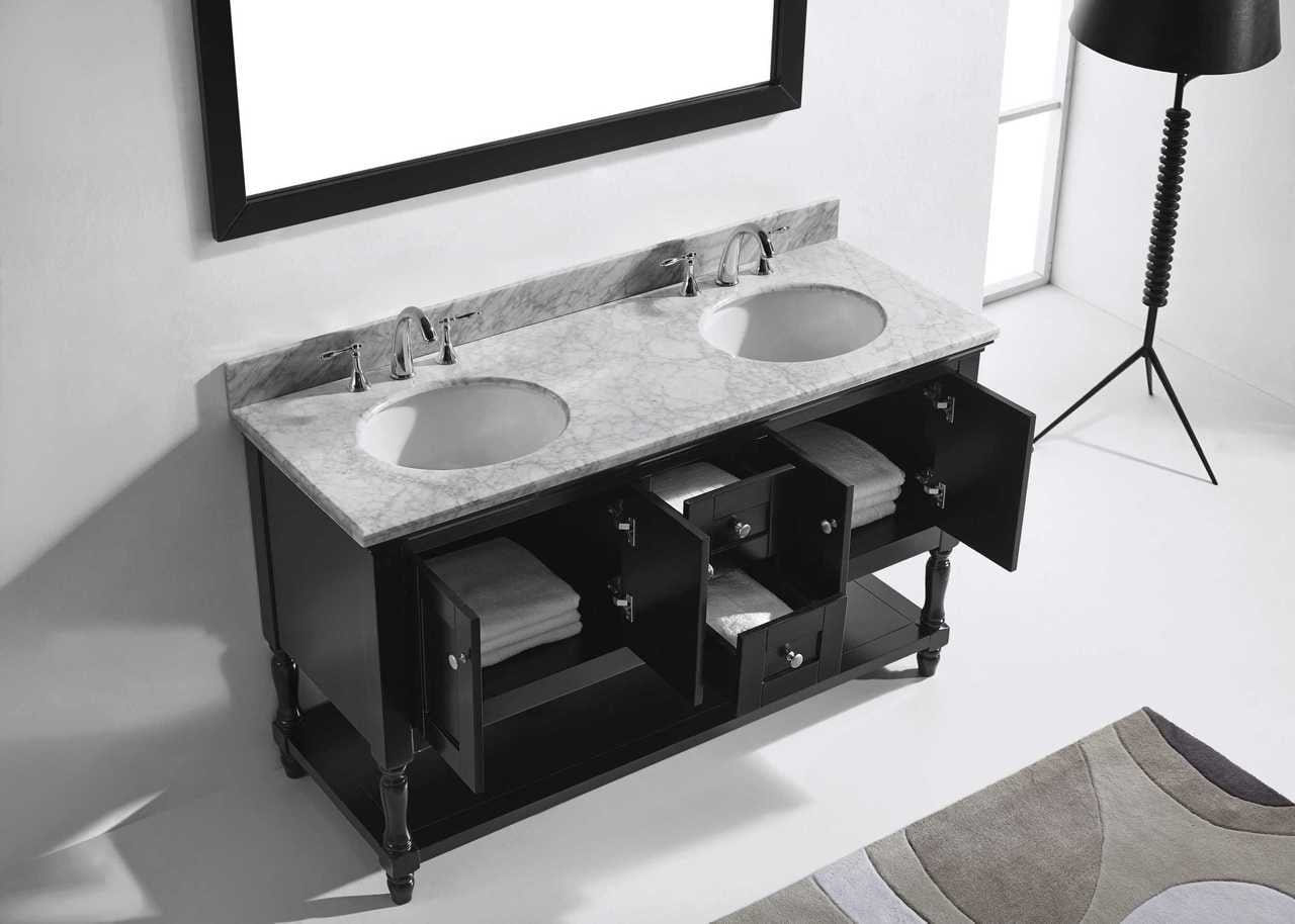 Virtu USA Julianna 60 Double Bathroom Vanity Set in Espresso w/ Italian Carrara White Marble Counter-Top | Round Basin