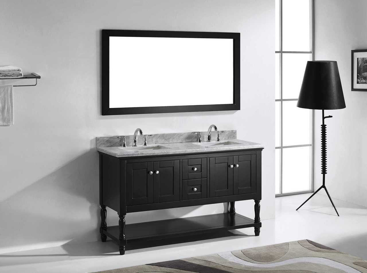 Virtu USA Julianna 60 Double Bathroom Vanity Set in Espresso w/ Italian Carrara White Marble Counter-Top | Square Basin