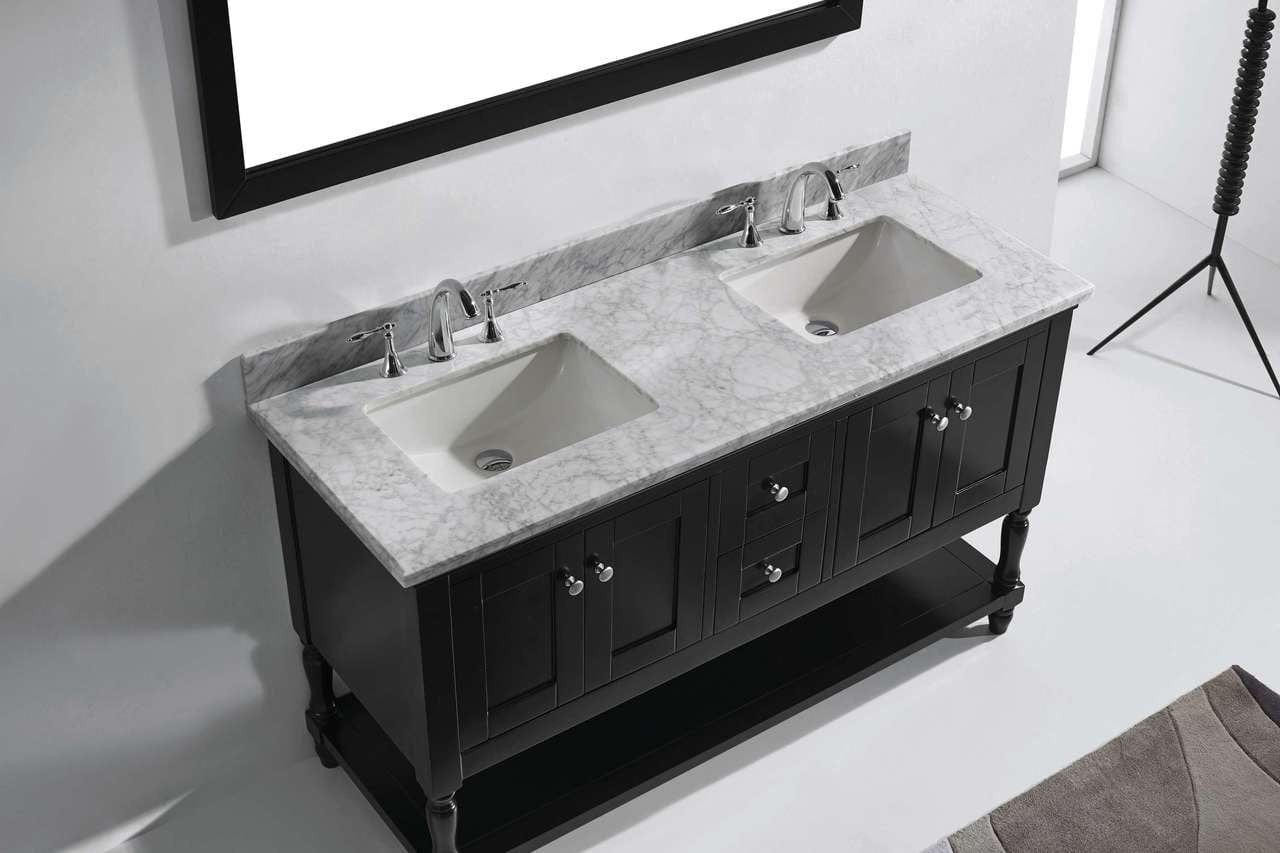Virtu USA Julianna 60 Double Bathroom Vanity Set in Espresso w/ Italian Carrara White Marble Counter-Top | Square Basin