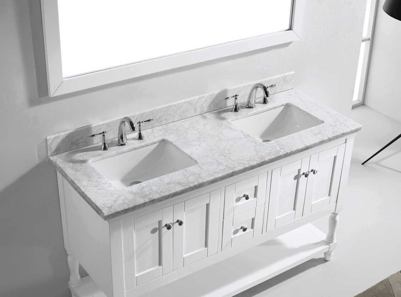 Virtu USA Vanities Virtu USA Julianna 60 Double Bathroom Vanity Set in White w/ Italian Carrara White Marble Counter-Top | Square Basin