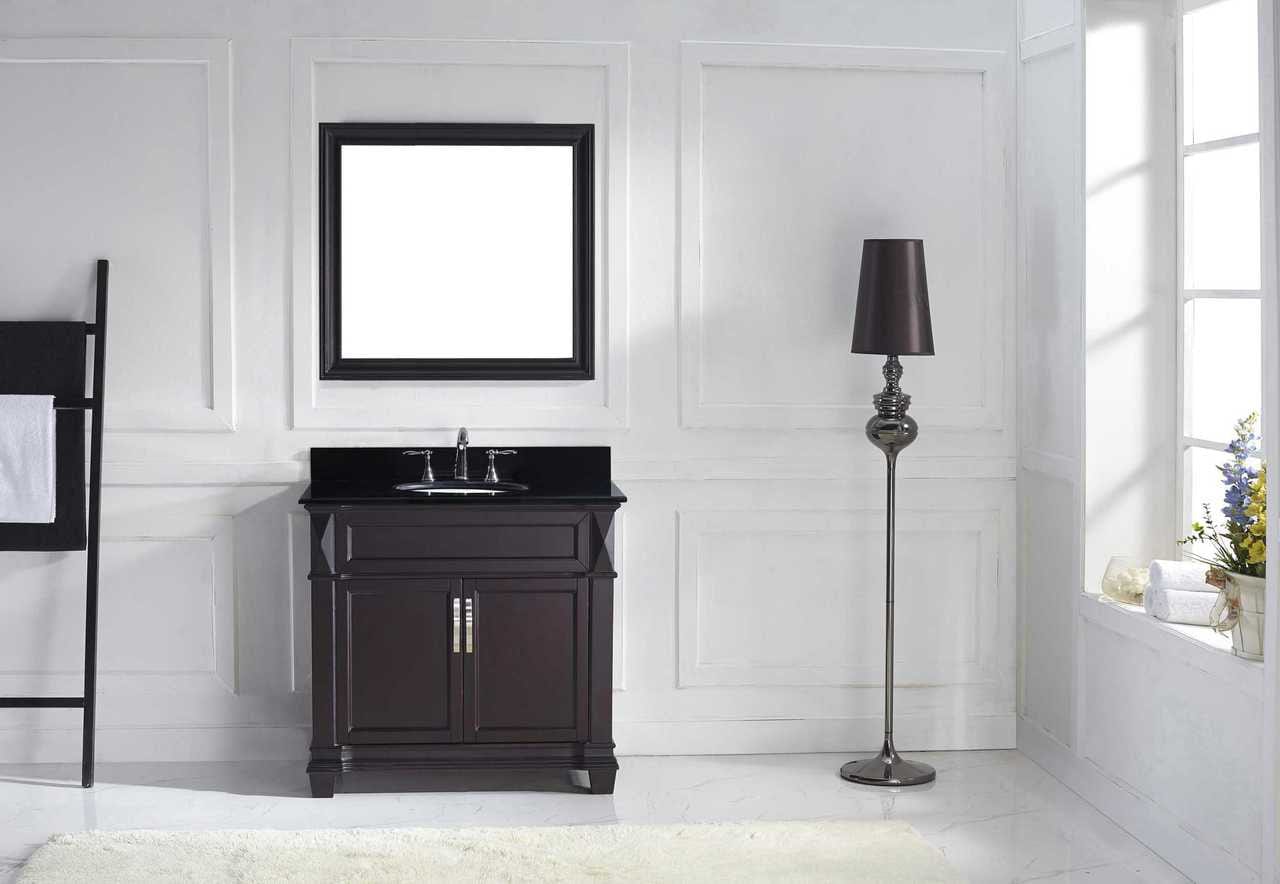 Virtu USA Vanities Virtu USA Victoria 36 Single Bathroom Vanity Set in Espresso w/ Black Galaxy Granite Counter-Top | Round Basin
