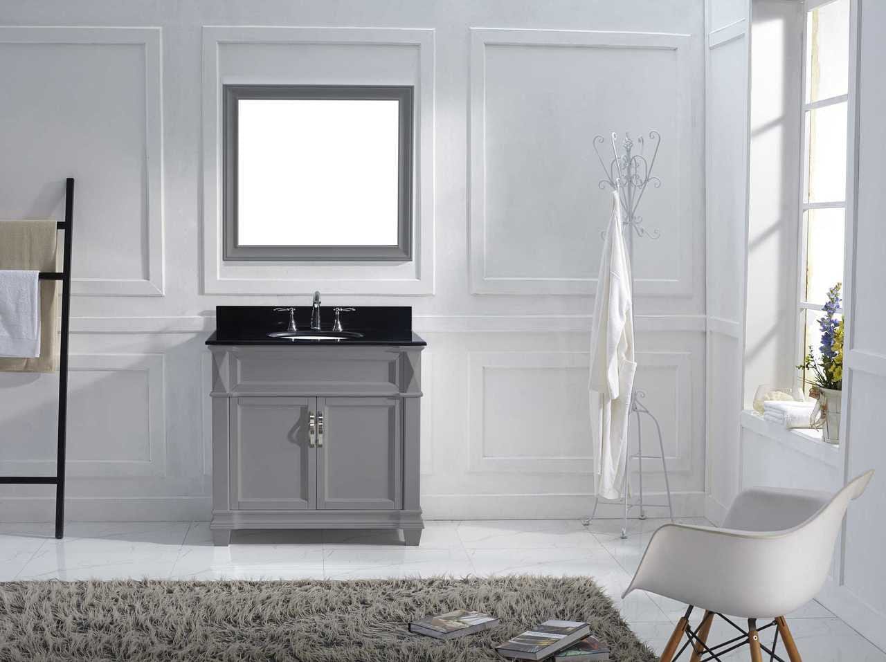 Virtu USA Vanities Virtu USA Victoria 36 Single Bathroom Vanity Set in Grey w/ Black Galaxy Granite Counter-Top | Round Basin