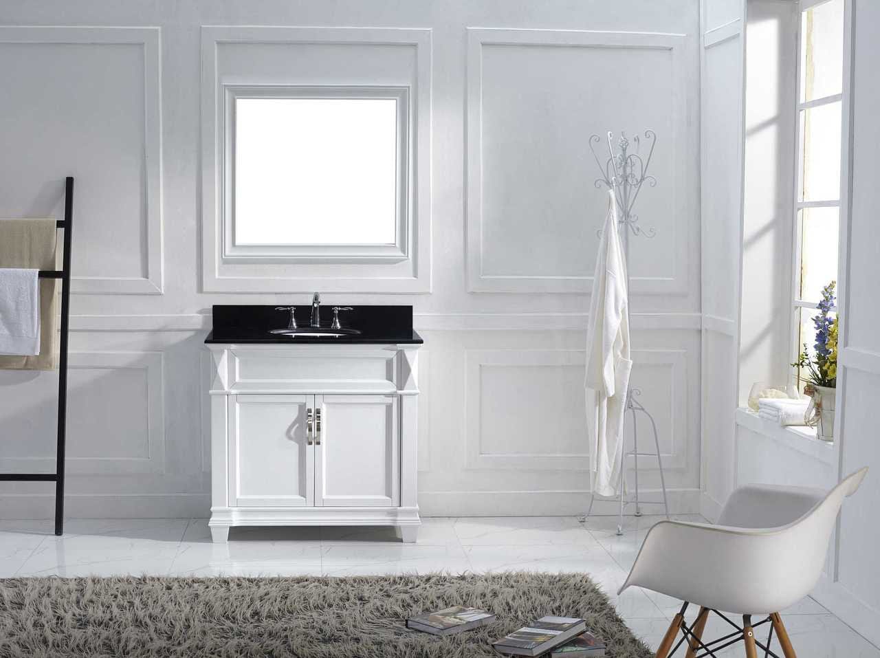Virtu USA Vanities Virtu USA Victoria 36 Single Bathroom Vanity Set in White w/ Black Galaxy Granite Counter-Top | Round Basin
