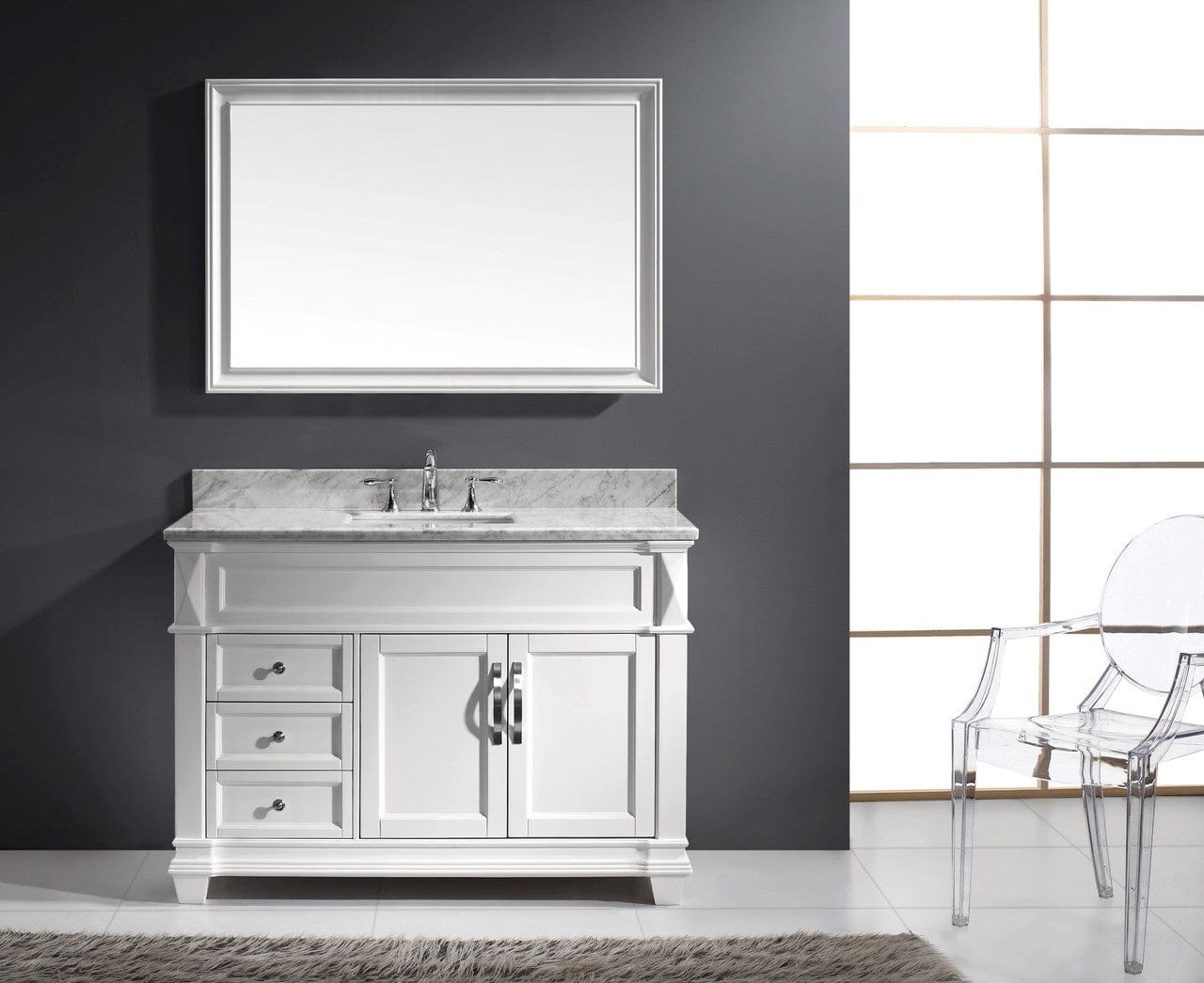 Virtu USA Vanities Virtu USA Victoria 48 Single Bathroom Vanity Set in White w/ Italian Carrara White Marble Counter-Top | Square Basin
