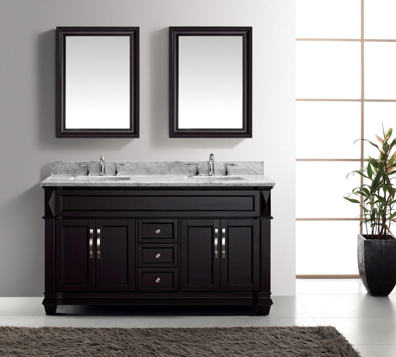 Virtu USA Vanities Virtu USA Victoria 60 Double Bathroom Vanity Set in Espresso w/ Italian Carrara White Marble Counter-Top | Square Basin