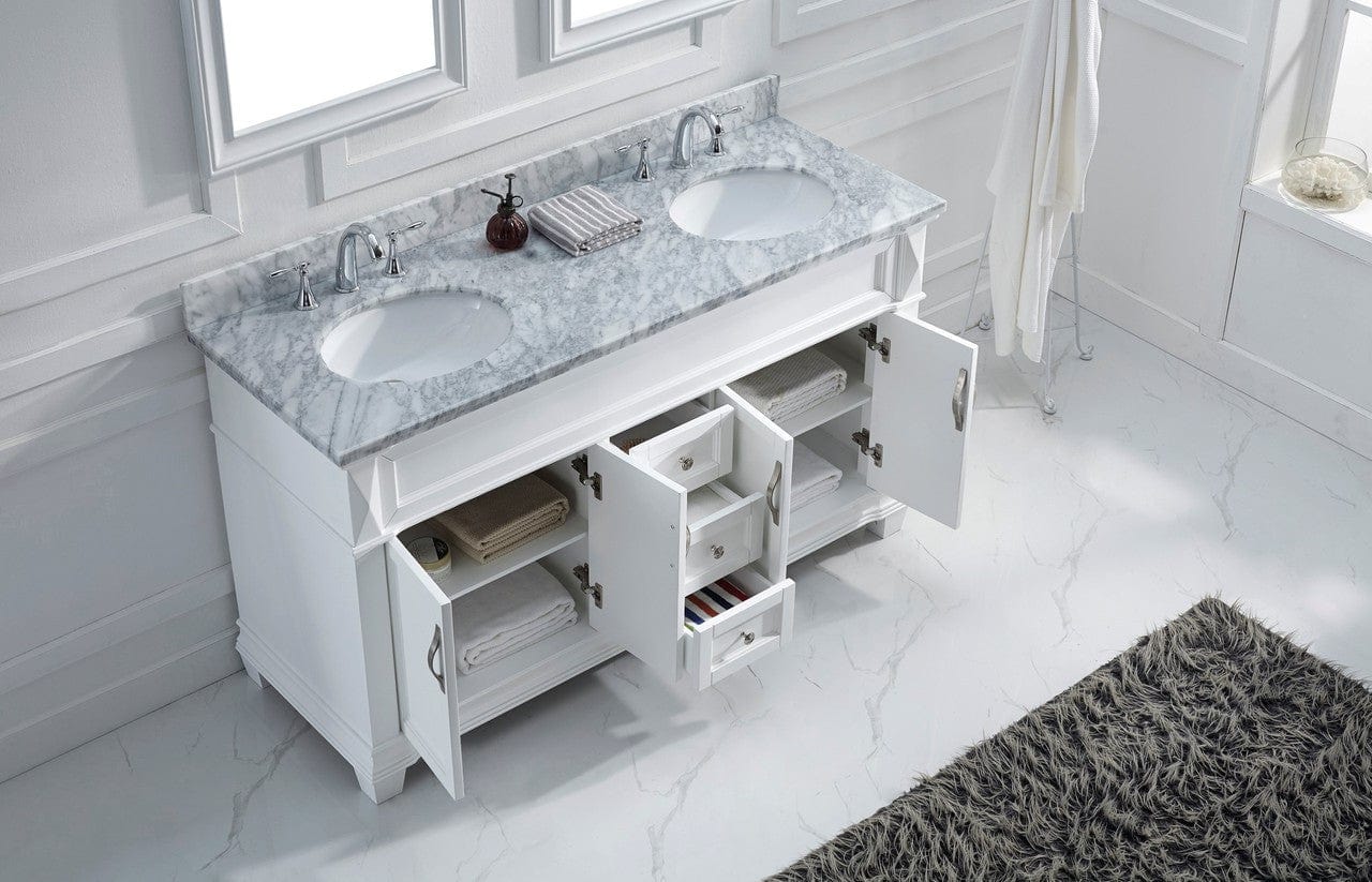 Virtu USA Victoria 60 Double Bathroom Vanity Set in White w/ Italian Carrara White Marble Counter-Top | Round Basin