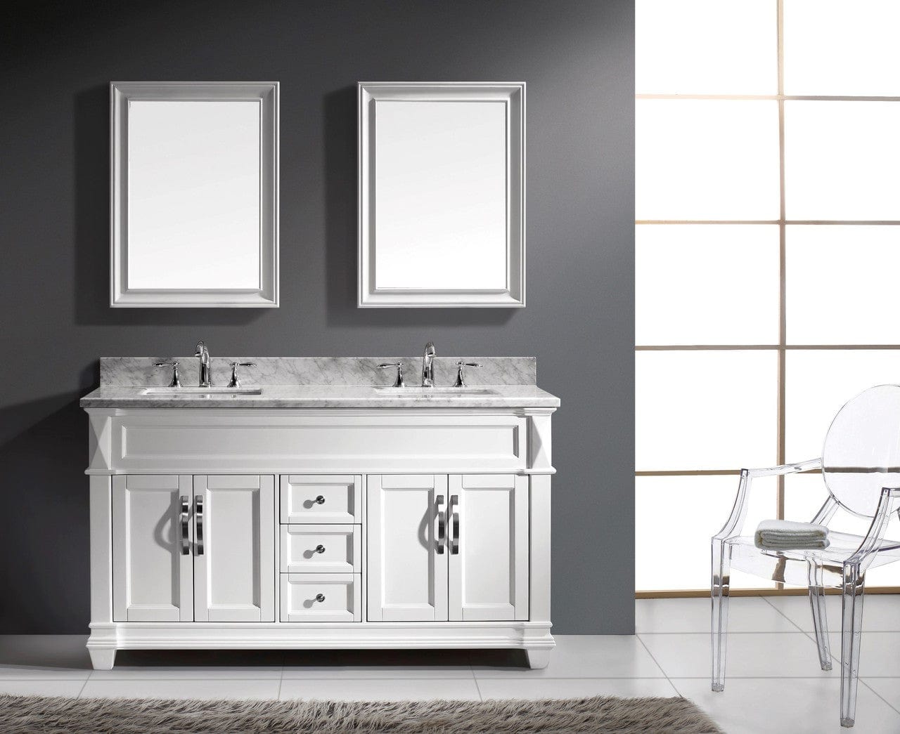 Virtu USA Vanities Virtu USA Victoria 60 Double Bathroom Vanity Set in White w/ Italian Carrara White Marble Counter-Top | Square Basin