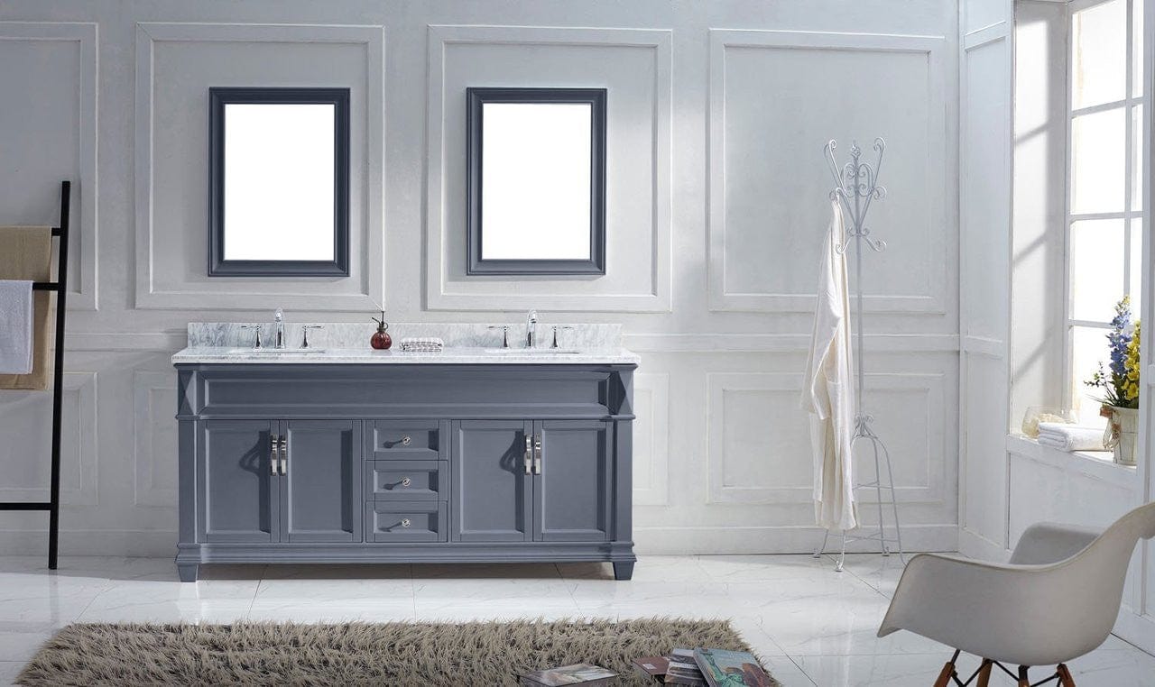 Virtu USA Vanities Virtu USA Victoria 72 Double Bathroom Vanity Set in Grey w/ Italian Carrara White Marble Counter-Top | Square Basin
