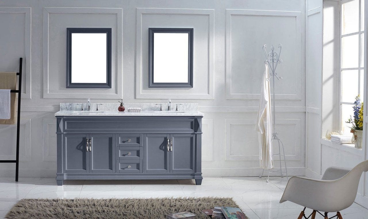 Virtu USA Victoria 72 Double Bathroom Vanity Set in Grey w/ Italian Carrara White Marble Counter-Top | Square Basin