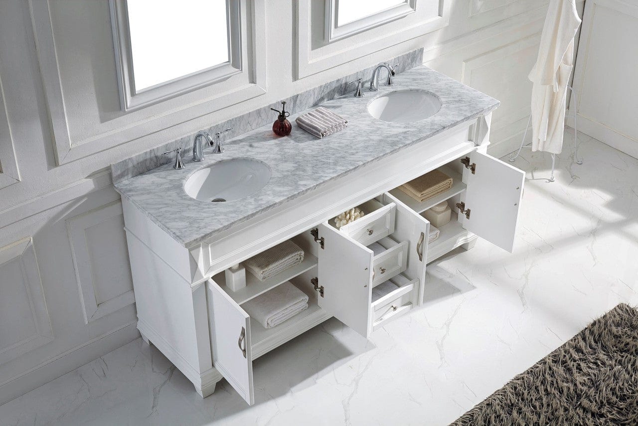 Virtu USA Victoria 72 Double Bathroom Vanity Set in White w/ Italian Carrara White Marble Counter-Top | Round Basin