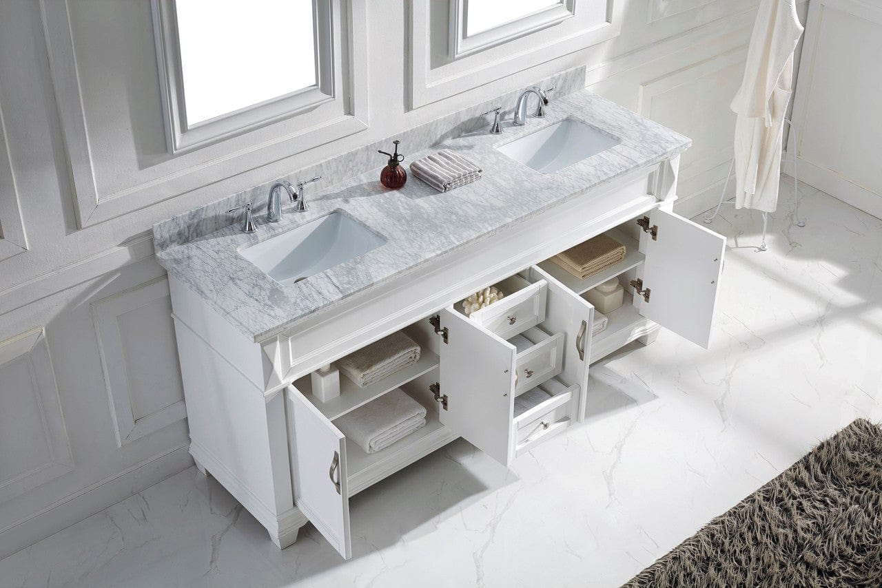 Virtu USA Vanities Virtu USA Victoria 72 Double Bathroom Vanity Set in White w/ Italian Carrara White Marble Counter-Top | Square Basin