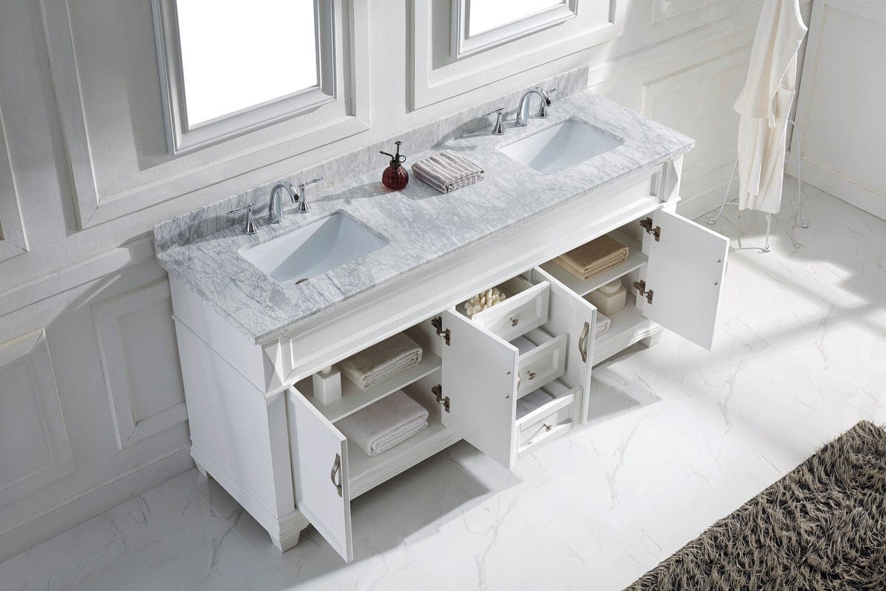 Virtu USA Victoria 72 Double Bathroom Vanity Set in White w/ Italian Carrara White Marble Counter-Top | Square Basin