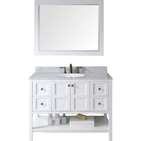 Virtu USA Winterfell 48 Single Bathroom Vanity Set in White w/ Italian Carrara White Marble Counter-Top | Round Basin