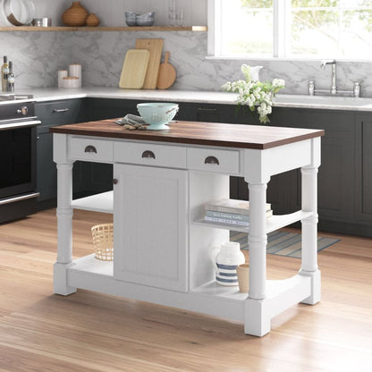 Monterey Traditional White 52" Kitchen Island With Espresso Wood Countertop | KD-03-52-W-WD