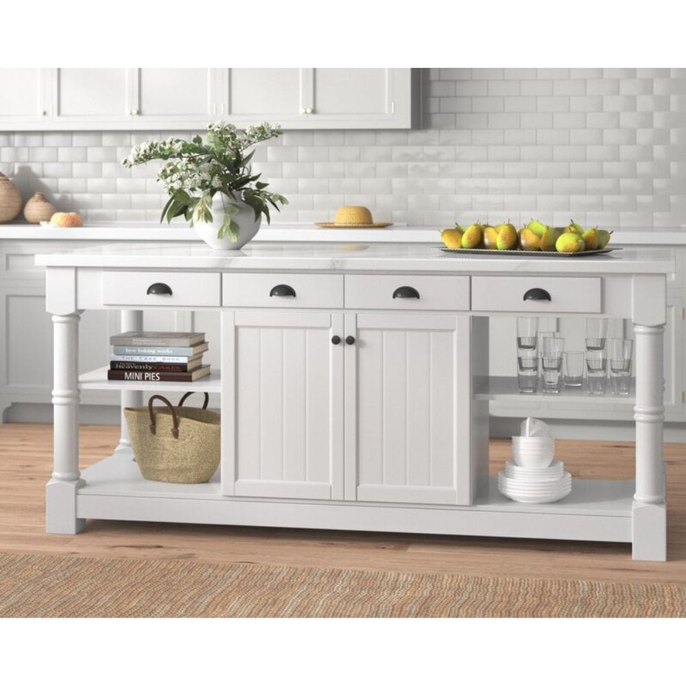 Monterey Traditional White 80" Kitchen Island With White Quartz Sintered Stone Countertop | KD-03-80-W-ST