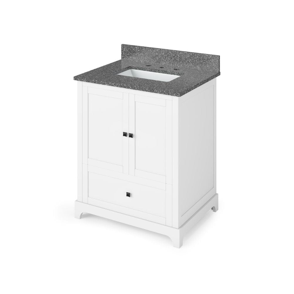 Jeffrey Alexander 30" White Addington Vanity, Boulder Cultured Marble Vanity Top, undermount rectangle bowl | VKITADD30WHBOR