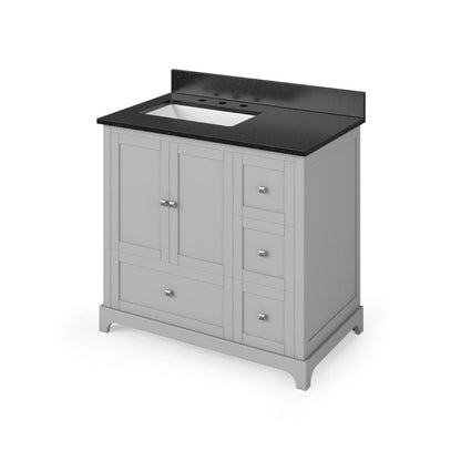 Jeffrey Alexander 36" Grey Addington Vanity, left offset, Black Granite Vanity Top, undermount rectangle bowl | VKITADD36GRBGR