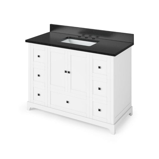 Jeffrey Alexander 48" White Addington Vanity, Black Granite Vanity Top, undermount rectangle bowl | VKITADD48WHBGR