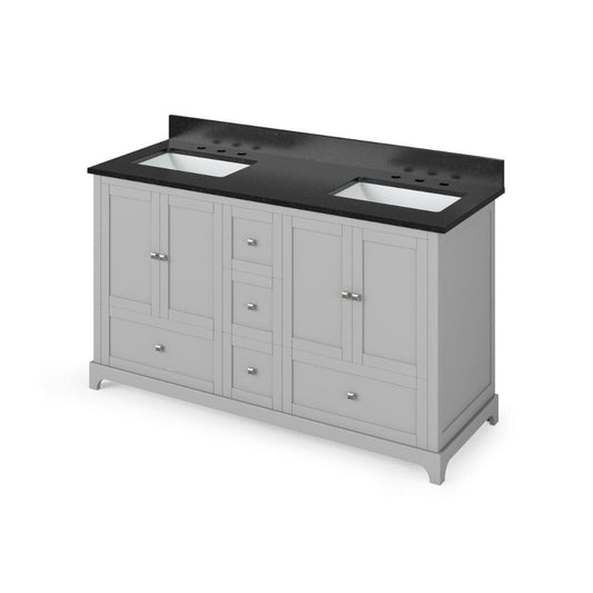 Jeffrey Alexander 60" Grey Addington Vanity, double bowl, Black Granite Vanity Top, two undermount rectangle bowls | VKITADD60GRBGR