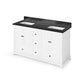 Jeffrey Alexander 60" White Addington Vanity, double bowl, Black Granite Vanity Top, two undermount rectangle bowls | VKITADD60WHBGR