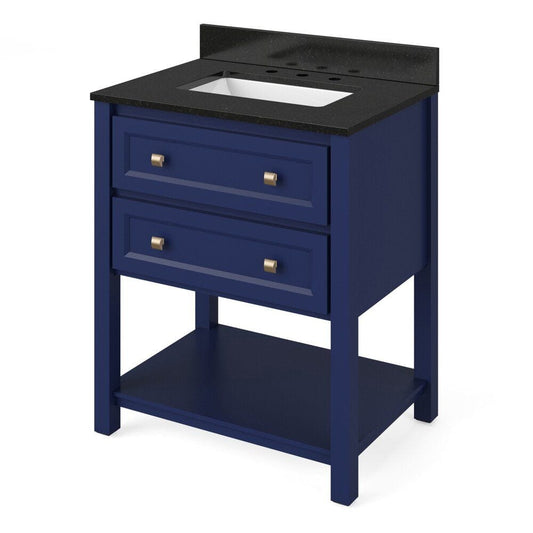 Jeffrey Alexander 30" Hale Blue Adler Vanity, Black Granite Vanity Top, undermount rectangle bowl | VKITADL30BLBGR