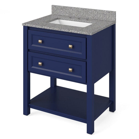 Jeffrey Alexander 30" Hale Blue Adler Vanity, Boulder Cultured Marble Vanity Top, undermount rectangle bowl | VKITADL30BLBOR