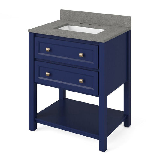 Jeffrey Alexander 30" Hale Blue Adler Vanity, Steel Grey Cultured Marble Vanity Top, undermount rectangle bowl | VKITADL30BLSGR