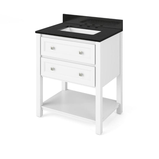 Jeffrey Alexander 30" White Adler Vanity, Black Granite Vanity Top, undermount rectangle bowl | VKITADL30WHBGR