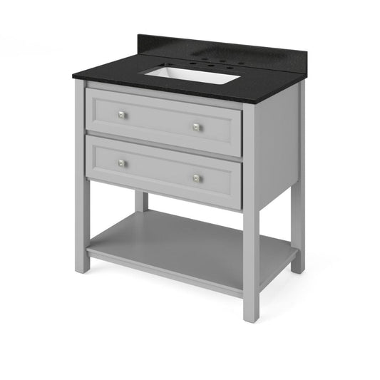 Jeffrey Alexander 36" Grey Adler Vanity, Black Granite Vanity Top, undermount rectangle bowl | VKITADL36GRBGR