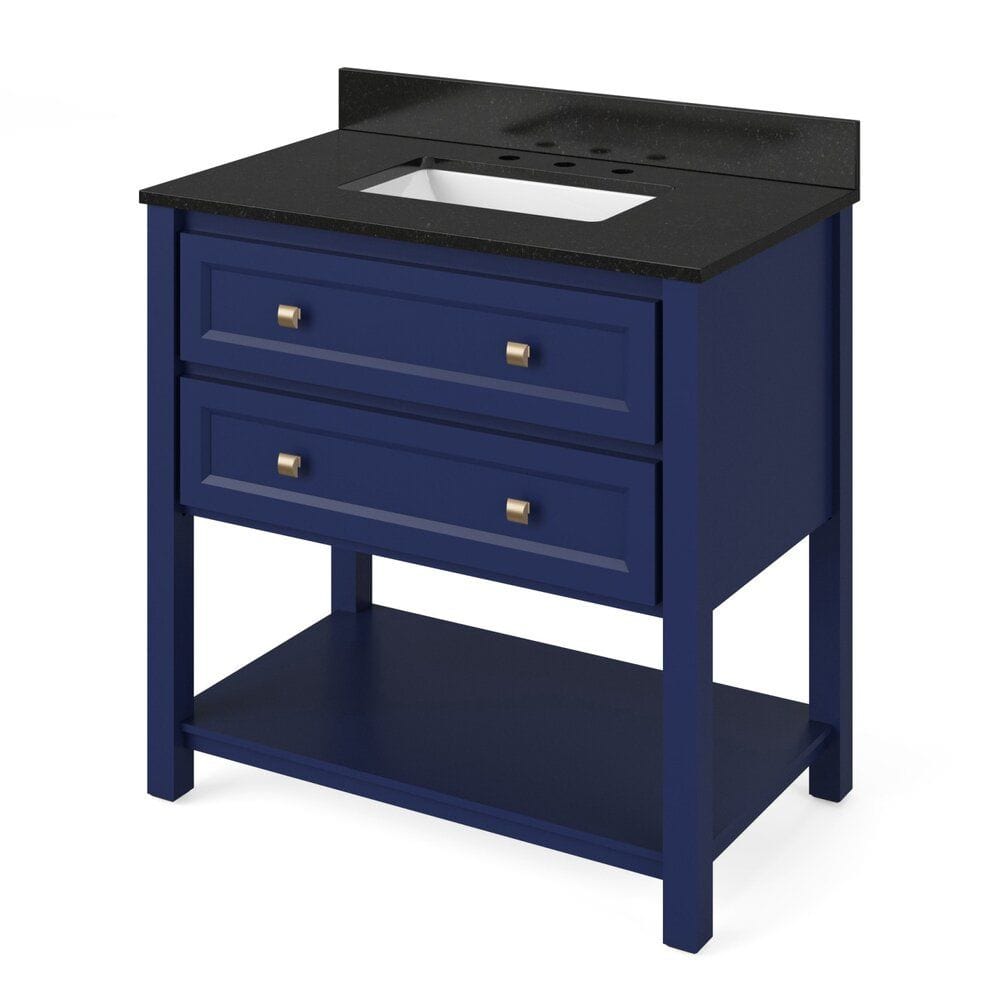 Jeffrey Alexander 36" Hale Blue Adler Vanity, Black Granite Vanity Top, undermount rectangle bowl | VKITADL36BLBGR