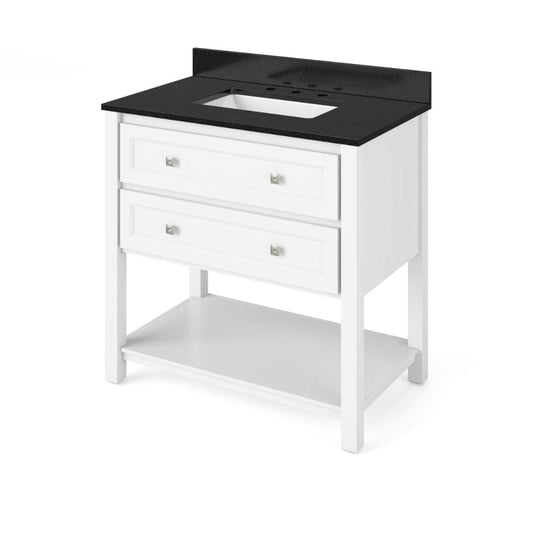 Jeffrey Alexander 36" White Adler Vanity, Black Granite Vanity Top, undermount rectangle bowl | VKITADL36WHBGR