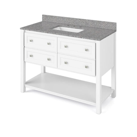 The Adler vanity features an open cabinet, full-extension drawers, and tipout trays to accentuate the bath with storage solutions.