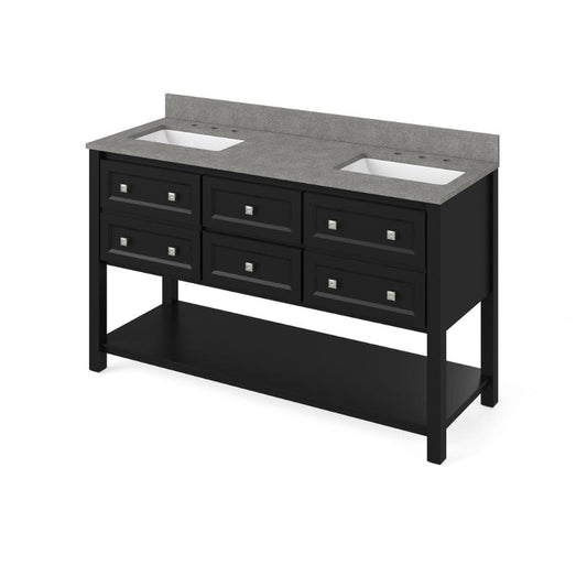 Jeffrey Alexander 60" Black Adler Vanity, double bowl, Steel Grey Cultured Marble Vanity Top, two undermount rectangle bowls | VKITADL60BKSGR