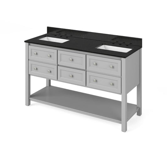 Jeffrey Alexander 60" Grey Adler Vanity, double bowl, Black Granite Vanity Top, two undermount rectangle bowls | VKITADL60GRBGR