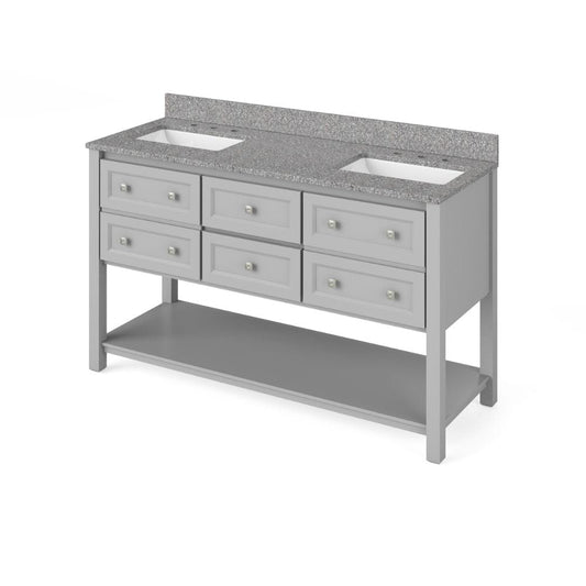 Jeffrey Alexander 60" Grey Adler Vanity, double bowl, Boulder Cultured Marble Vanity Top, two undermount rectangle bowls | VKITADL60GRBOR