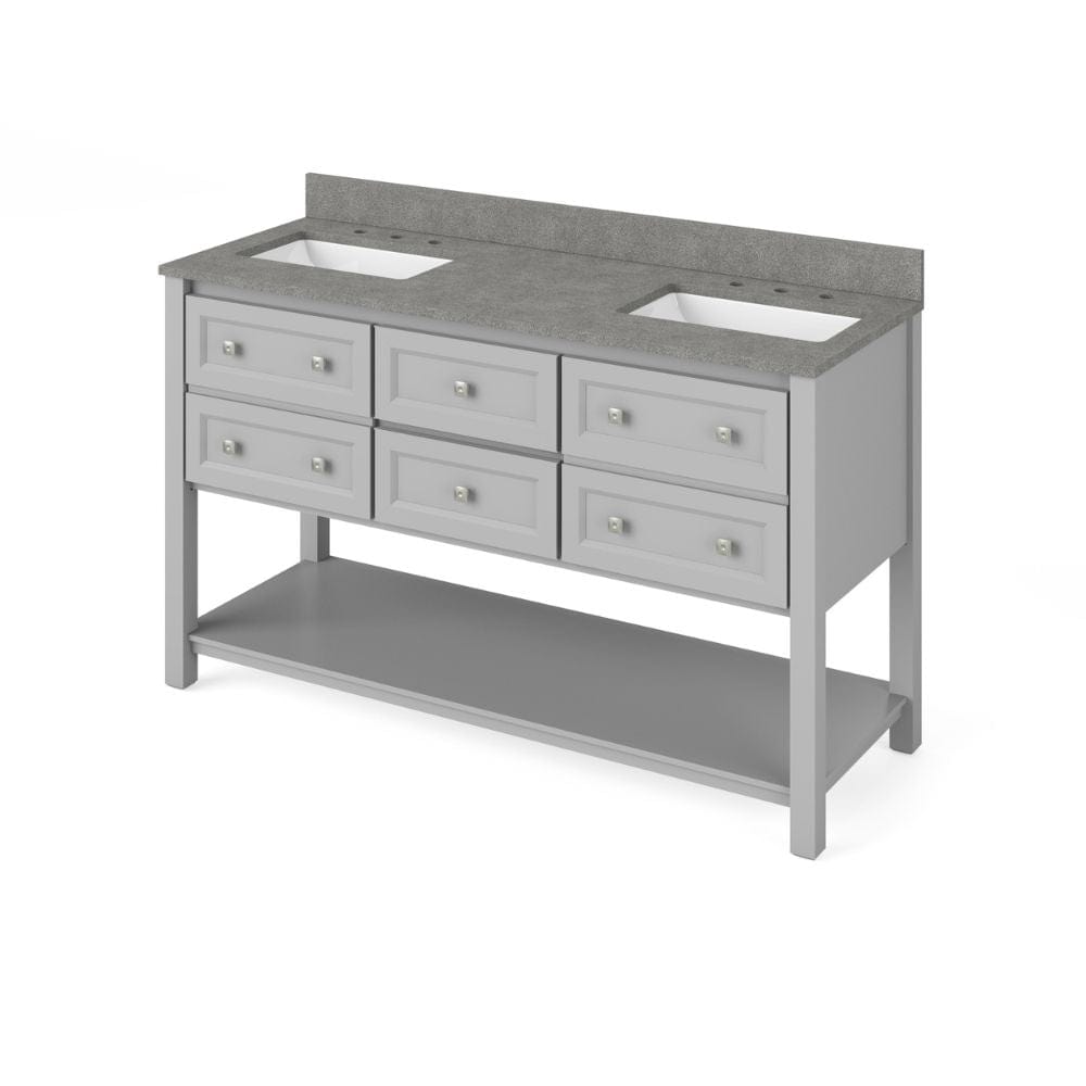 Jeffrey Alexander 60" Grey Adler Vanity, double bowl, Steel Grey Cultured Marble Vanity Top, two undermount rectangle bowls | VKITADL60GRSGR