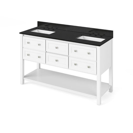 Jeffrey Alexander 60" White Adler Vanity, double bowl, Black Granite Vanity Top, two undermount rectangle bowls | VKITADL60WHBGR