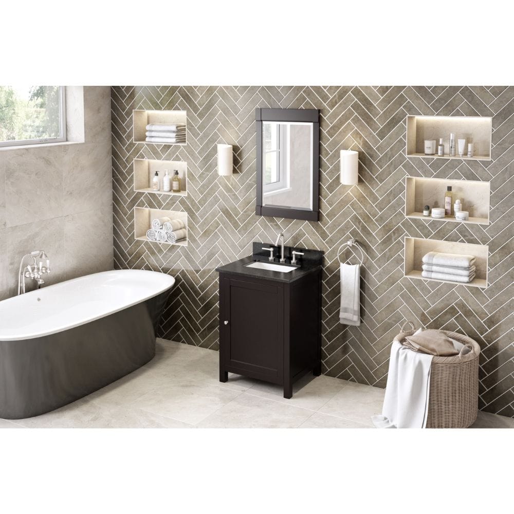 The hardwood Astoria vanity features clean lines and a stepped door profile for a modern look.