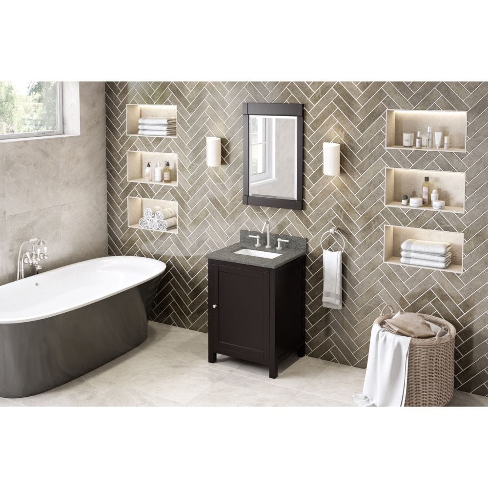 The hardwood Astoria vanity features clean lines and a stepped door profile for a modern look. 